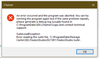 Error message in SDL Trados Studio stating 'An error occurred and the program was aborted. SuiteLoadException: Error reading the suite file.' with a path to the log file.