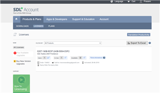 SDL account screenshot showing only the old license under the Licenses tab, with no new product license visible.