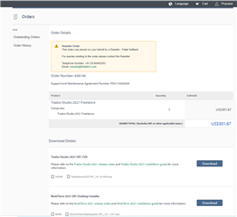 Purchase order details for SDL Trados Studio 2021 Freelance with order number, purchase date, and download option.