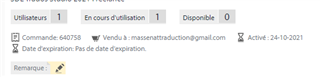 Screenshot showing Trados Studio license details with 1 user, 1 in use, 0 available, order number 640758, and a warning icon next to 'Remark'.