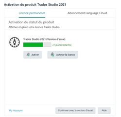 Screenshot of Trados Studio 2021 product activation page with options to 'Activate' or 'Buy license' for the remaining version.