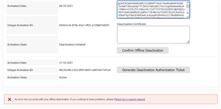 Trados Studio deactivation screen showing Unique Activation ID, Activation State as 'Deactivation Initiated', and an error message 'An error occurred with your offline deactivation. If you continue to have problems, please contact support.'