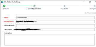 SDL Trados Studio Setup window showing the 'Current User Details' tab with fields for Name, Email Address, Phone Number, TM User ID, and Description filled with user Ruben Calavera's information.