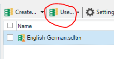 Trados Studio screenshot showing the 'Use' option circled in red, indicating where to add a Translation Memory to a project.