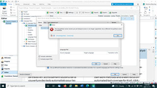 Error message in Trados Studio stating 'The language pair you are trying to access is no longer supported. Please contact your server administrator.' with an OK button.