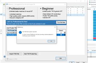 Trados Studio screenshot showing a pop-up error message from the MyMemory plugin stating 'The TM has been imported. Due to a miscount, MyMemory will not grant readingwriting access to the TMs you've just imported.'