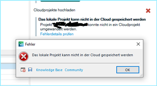 Error message in Trados Studio stating 'Das lokale Projekt kann nicht in der Cloud gespeichert werden' which translates to 'The local project cannot be saved in the cloud'.