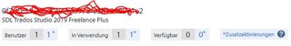 Screenshot of SDL Trados Studio 2019 Freelance Plus license management showing 1 user, 1 in use, 0 available, and a deactivate button.