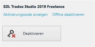 Screenshot of SDL Trados Studio 2019 Freelance activation section with options to show activation code, offline deactivation, and a deactivated key icon.