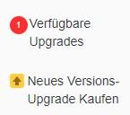 Screenshot showing '1 Verfugbare Upgrades' with a red notification dot and a yellow arrow pointing to 'Neues Versions-Upgrade Kaufen'.