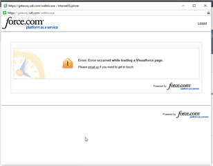 Internet Explorer error message stating 'An error occurred while loading a Visualforce page. Please email us if you need to get in touch.'