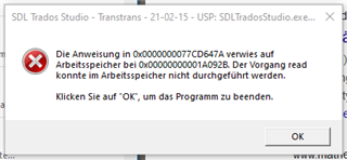 Error message in Trados Studio indicating a memory read operation failed, with an instruction to click 'OK' to close the program.