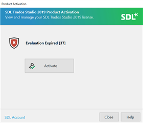 SDL Trados Studio 2019 Product Activation window showing an error message 'Evaluation Expired 37' with an 'Activate' button below it.