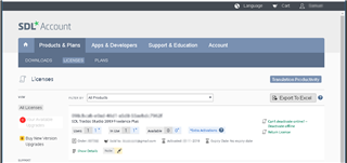 Screenshot of Trados Studio account page showing licenses for 2007, 2009, and 2011 versions only, with missing licenses for later versions.