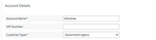 SDL Account details form with Account Name field filled as 'Worksite' and Customer Type selected as 'Government Agency'. VAT Number field is empty.