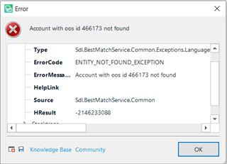 Error dialog box with a red cross icon. Title reads 'Account with oos id 466173 not found'. Lists Type, ErrorCode, ErrorMessage, HelpLink, Source, and Result with technical details.