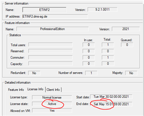 Trados Studio license information window showing server name ETIN2, IP address, and version 9.2.1.0011. License type is normal and active, with start date March 30, 2021, and end date May 15, 2021.