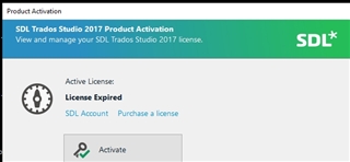 Screenshot of Trados Studio Product Activation window showing an 'Active License: License Expired' message with options to access SDL Account or Purchase a license and an 'Activate' button.