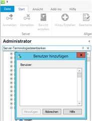 Screenshot of MultiTerm Ideas 'Add user' window, showing a non-resizable window with options to add, remove, and help. The window is labeled 'Benutzer hinzufugen' in German, which translates to 'Add user'.