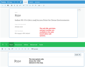 Screenshot of SDL Draft Space showing a book map titled 'R550' with subtitle, part number, and publication date fields highlighted indicating they cannot be edited.