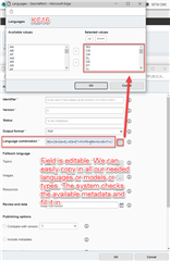 Screenshot of KC16 editorial system showing an editable metadata field with a list of selectable values and a note indicating the ability to easily copy in needed types, models, or languages.