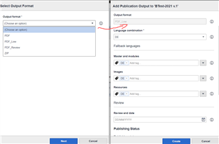 Screenshot showing 'Select Output Format' window on the left with options like CHM, PDF, PDF Review, and Zip. An arrow points from 'Output format' dropdown to 'Output format' field in 'Add Publication Output' window on the right.