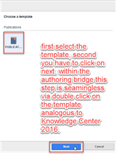 Screenshot of Tridion Docs Ideas template selection window with a 'Publication' template icon and instructions overlaid in red text explaining the double-click selection process in the authoring bridge.