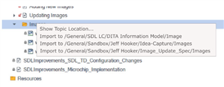 Right-click menu in Tridion Docs Publication Manager showing options to import images to specific repository folders.