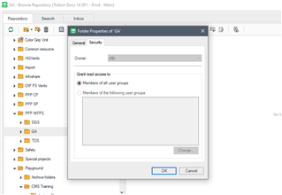 Tridion Docs repository window showing a 'Folder Properties of GAI' dialog box with 'Security' tab selected and 'Grant read access to' option set to 'Members of all user groups'.