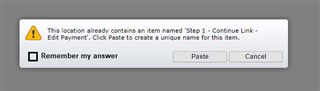 Dialog box with a checkbox option to 'Remember my answer' for pasting items with a unique name, alongside Paste and Cancel buttons.