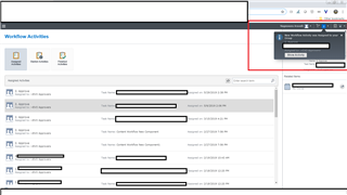 Workflow Activities window in Tridion Sites with a popup notification blocking the activity buttons, highlighted in red.