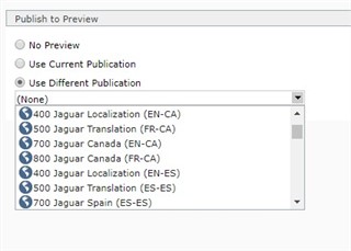 Dropdown menu for 'Use Different Publication' in Tridion Sites Ideas with unordered list of publications including '400 Jaguar Localization (EN-CA)', '500 Jaguar Translation (FR-CA)', and others.