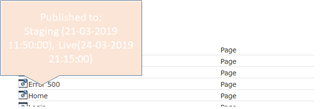 Tooltip showing publishing information for a page item, with details of publication to staging on 21-03-2019 and live on 24-03-2019, alongside a list of pages with an 'Error 500' warning on one of them.