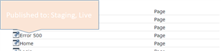 Tooltip displaying 'Published to: Staging, Live' for a page item, with a list of pages below including one with an 'Error 500' warning.