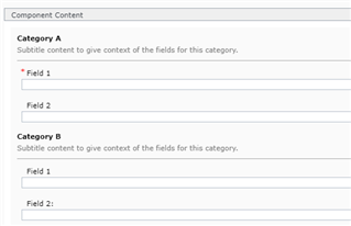 Screenshot of Tridion Sites Ideas showing a component content form with fields grouped into two sections, Category A and Category B, each with a subtitle and two fields.