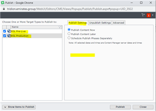 Tridion Sites Publish popup window with Publish Settings tab open showing an empty field with a yellow warning box indicating a missing or incorrect setting.