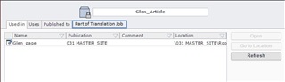 Tridion Sites Ideas interface showing an item 'Glm_Article' with a warning icon, indicating it's part of a translation job in the 'Used In' tab.