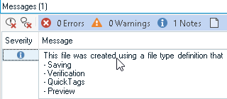 Screenshot of TMS Ideas message box displaying 1 note with a message stating 'This file was created using a file type definition that does not exist on your system' and a list of affected areas including Saving, Verification, QuickTags, and Preview.