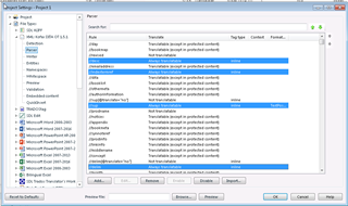 Screenshot of Trados Studio Ideas showing Parser settings with a Rules list. Multiple rules are selected, all set to 'Always translatable'. The user intends to change them to 'Translatable (but not in protected content)'. No visible errors or warnings.