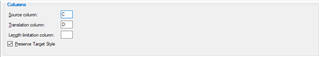Screenshot of Trados Studio Ideas showing the Columns section with fields for Source column and Translation column, both allowing only single column input.
