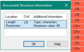 Screenshot of Trados Studio's Document Structure Information dialog box showing 'LN' under the 'Length Restriction' column and 'Type: characters; Maximum value: 40' under 'Additional Information'.