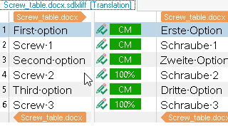 Translation project showing a list of terms with Context Matches (CM) and 100% Matches from the Translation Memory.
