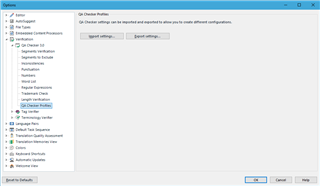 Trados Studio Options dialog box showing QA Checker 3.0 with 'Import settings...' and 'Export settings...' buttons.