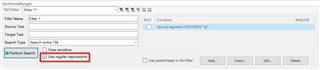 Trados Studio TM Filter dialog box showing the inability to use regular expressions, with 'Use regular expressions' option circled in red indicating it is not selectable.