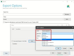 Export Options window in Trados Studio with the 'Add Condition' dropdown menu open, showing options like 'Contains', 'Equals', 'Starts with', but lacking a regular expression option, highlighted in red.