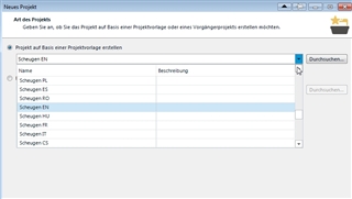 Screenshot of Trados Studio Ideas showing a 'Neues Projekt' window with a tree structure. The focus is on a list of templates for different languages under the 'Schwegen' customer.