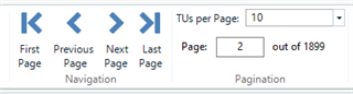 Screenshot showing Trados Studio Ideas navigation options with 'First Page', 'Previous Page', 'Next Page', 'Last Page' buttons and a pagination section displaying 'Page: 2 out of 1899' and 'TUs per Page: 10' dropdown.