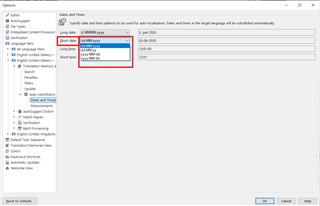 Trados Studio options dialog showing 'Dates and Times' settings without the customized 'dd.MM.yyyy' short date format option.