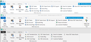 Screenshot of Trados Studio 2021 Beta interface in white color scheme showing File, Home, View tabs, and other options.