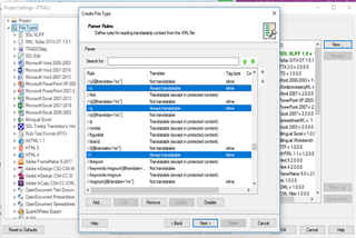 Create File Type dialog in Trados Studio showing a list of tags with 'Translate' setting defaulting to 'Always translatable'.